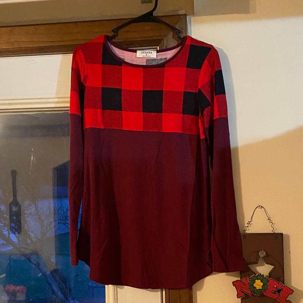 Zenana Red and Black Plaid Long Sleeve Top